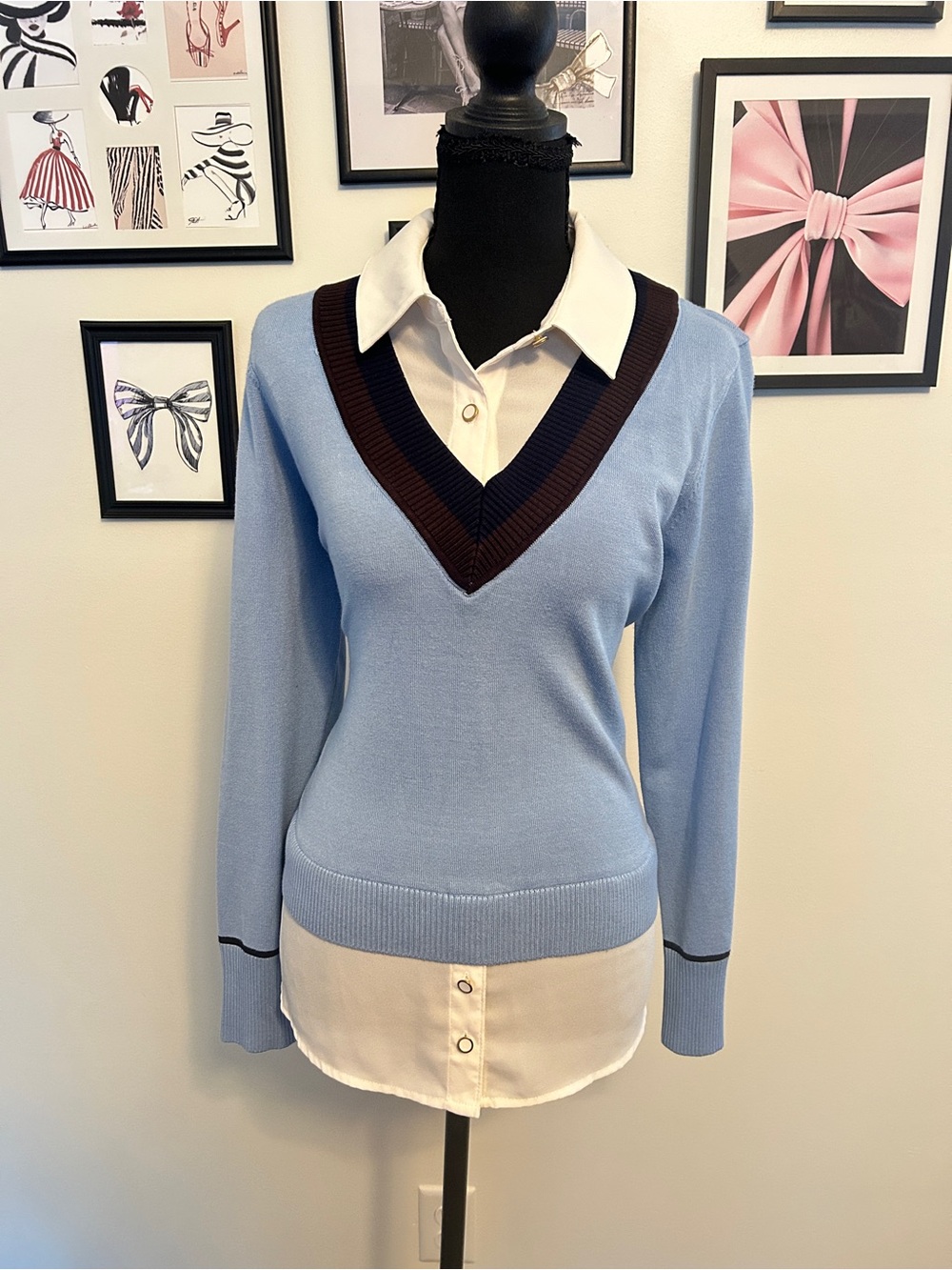 Light Blue V-Neck Layered Sweater with Dark Trim